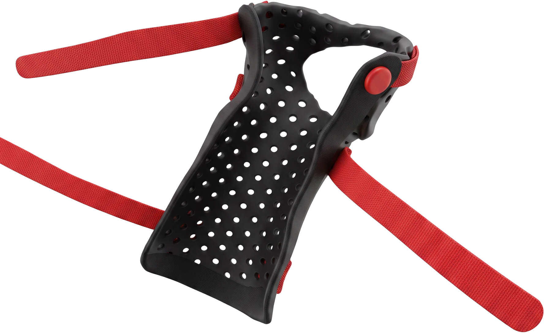 Orthèse de pouce en thermoplastique noir perforé avec sangles rouges, détourée